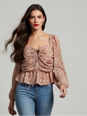 Beyond Words Floral Ruched Long Sleeve Blouse - Size L